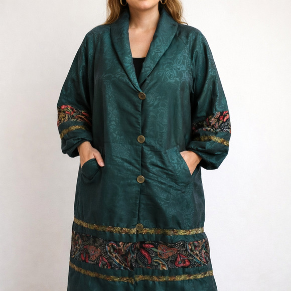 Late 80s OS International Green Rain Coat Floral Trim Midi Vintage